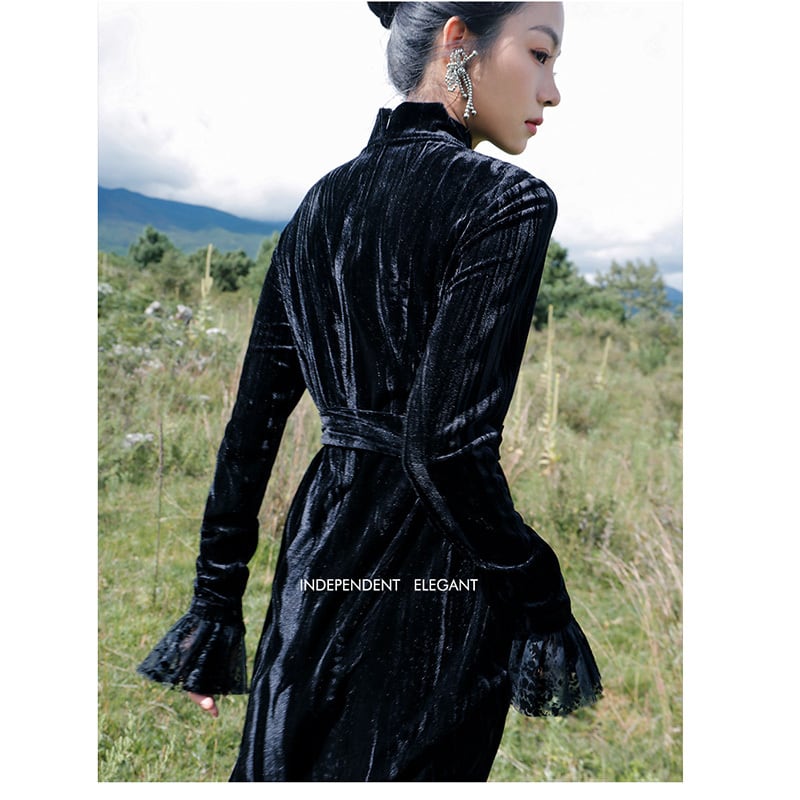 [Big Blue Dragon Series] ★China style dress★ Velvet changeover slimming black black slit