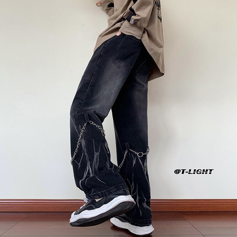 [Tiaota Series]★Denim Pants★ 3color Bottoms Casual Pants with Chain Unisex Men's Large Size