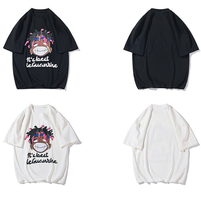 [BIGEMAN Series]★T-shirt★ Tops 2color Unisex Men's Large Size White Black Summer Cartoon