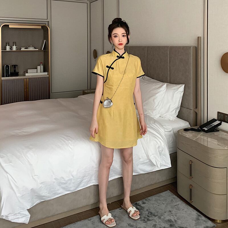 Chinese-style dress, Chinese-style clothing, Chinese clothing, improved Tang clothing, improved Chinese clothing, stand neck, short sleeves, short length, cute, everyday wear, cheap SM, yellow, yellow