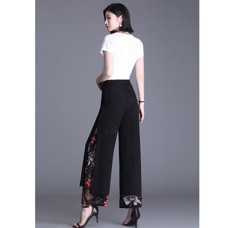 [Banlan Series]★China style pants★ Gaucho pants Floral pattern Casual Cool Elegant Black Black