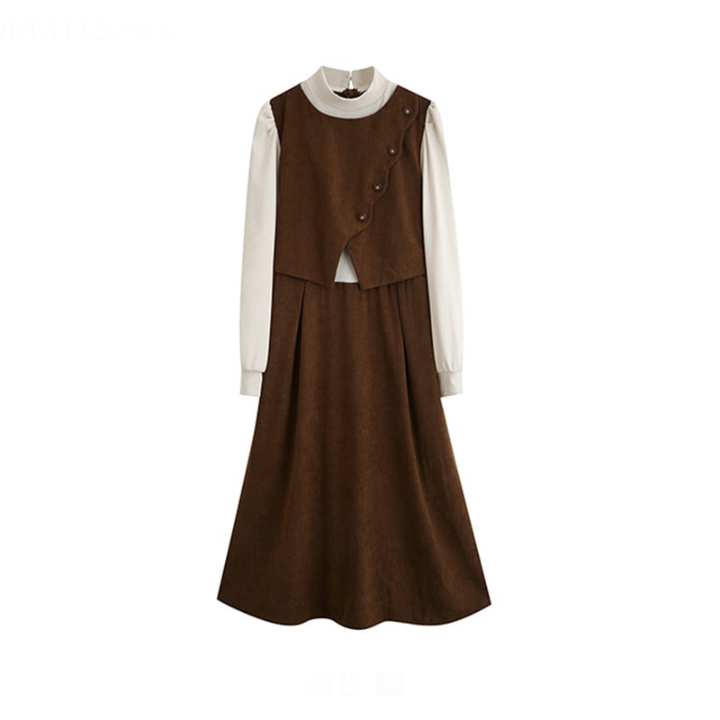 [CHIC Series] ★One Piece★ Faux Layered Corduroy Coffee Color Date Improves Temperament