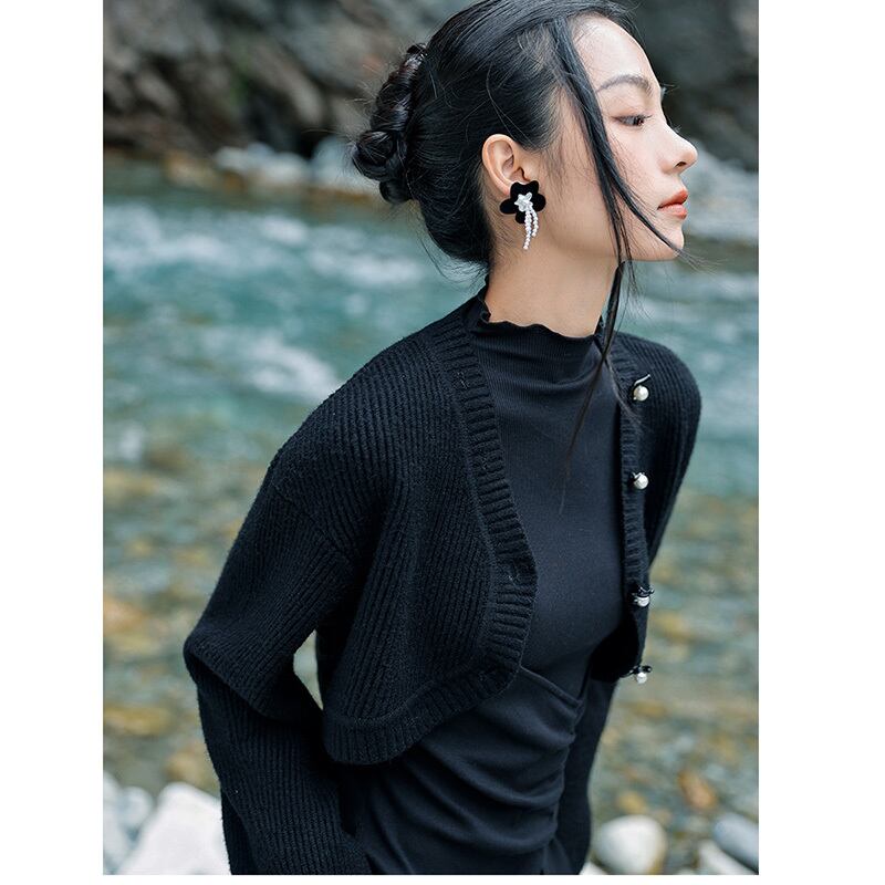 [Ko Qinglong Shu Series] ★China Style Earrings★ Pair Earrings Women's Accessories Flower Black Easy to Match