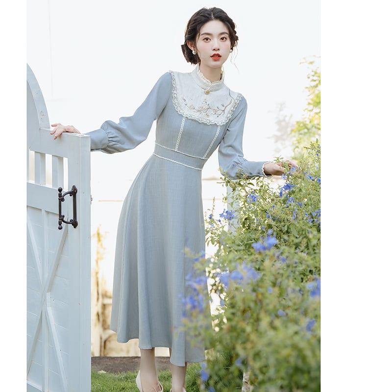 [Tatsuze Chenis Series] ★Chinese style dress★ Hanfu dress, Chinese elements, retro, switching, fake layered, blue, blue