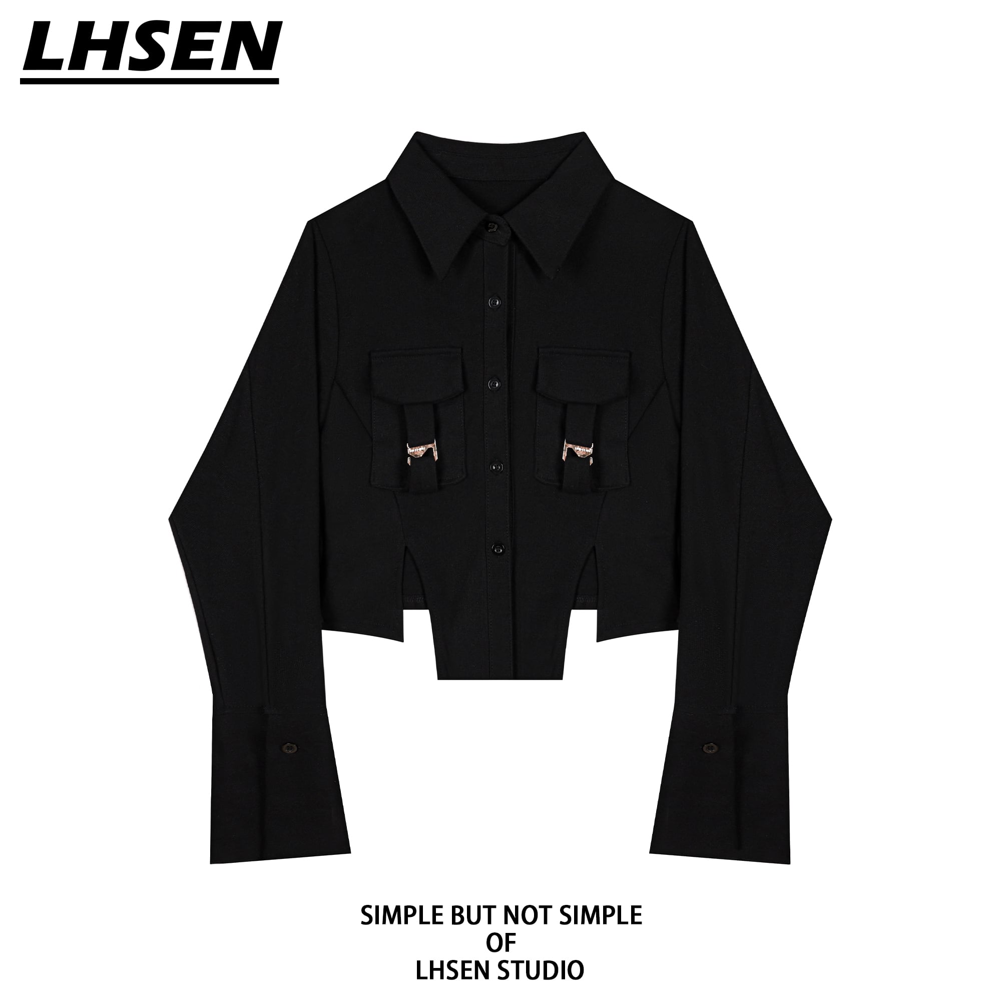 [LHSEN Series]★Shirt★ Tops with design, black, short length, cute, easy to match