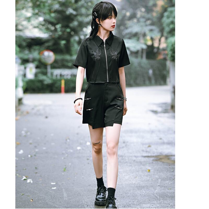 [Kokaisha --- Return Series] ★China style tops★ Shirt 2color short length black black embroidery short sleeve