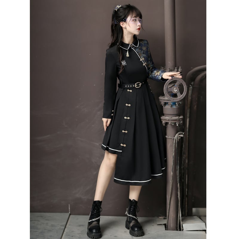 Manager recommended! [Dust Smoke Cloud Dream---Fightless City Series] ★China style dress★ With belt, long sleeves, switching, floral pattern, black, black, irregular, SML