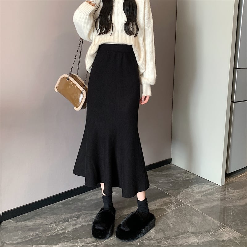 [Kumikumi Series]★Knit Skirt★ 3color Bottoms Slimming Mermaid Skirt Easy to Match Black White Apricot