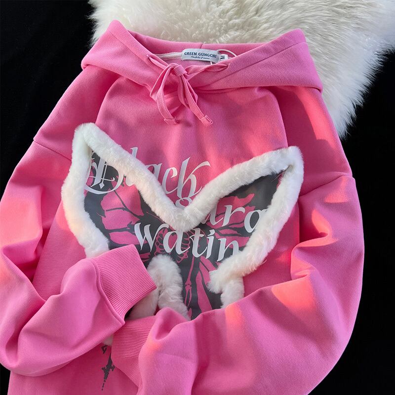 [Roba Series] ★Fleece-lined hoodie★ 3color Tops Butterfly Alphabet Cute Beige Black Pink ML XL