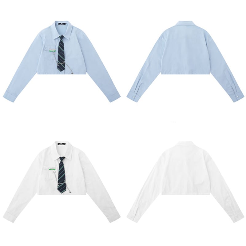 [MOISHE TIDE Series]★Shirt with tie★ 2color tops long sleeve shirt short length white blue cute