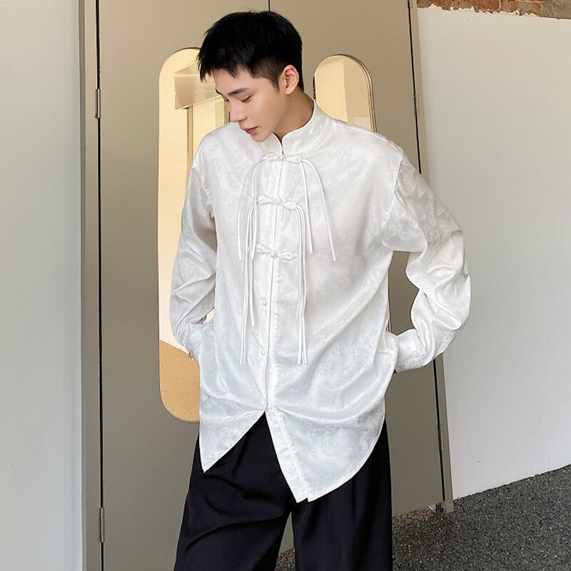 [Illustrated Series] ★China Style Shirt★ 2color Tops Long Sleeve Shirt Unisex Men's China Button Fringe Black White