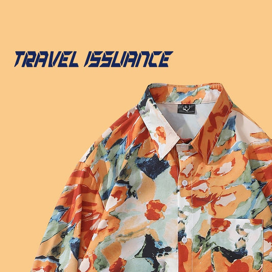 [TRAVEL ISSUANCE Series] ★Retro Shirt★ Oil Painting Style Shirt Floral Pattern Harajuku Style Unisex Men's Orange Casual