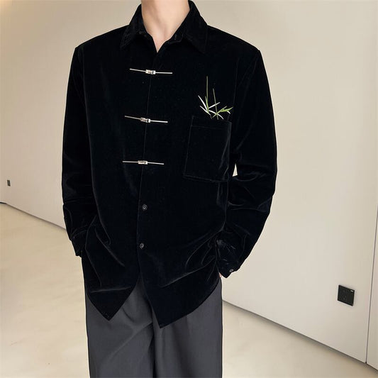 [Illustrated Series]★China Style Shirt★ Tops Bamboo Embroidery Velvet Unisex Men's ML XL Black Black