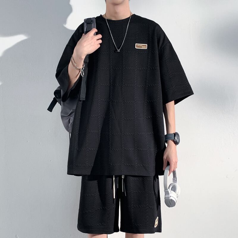 [BIGEMAN Series]★Setup★ T-shirt + shorts 3color plaid pattern unisex men's large size beige black coffee color