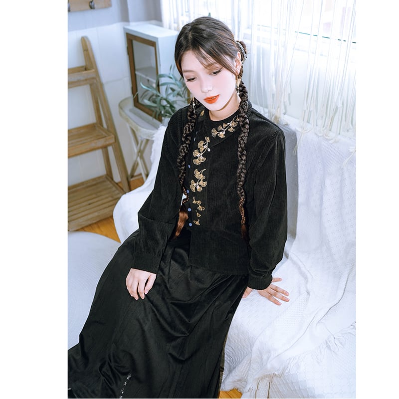 [Kokaisha --- Leaf Series] ★Chinese style tops★ Embroidery Hanfu tops Corduroy Thick Autumn/Winter Clothes Retro Black