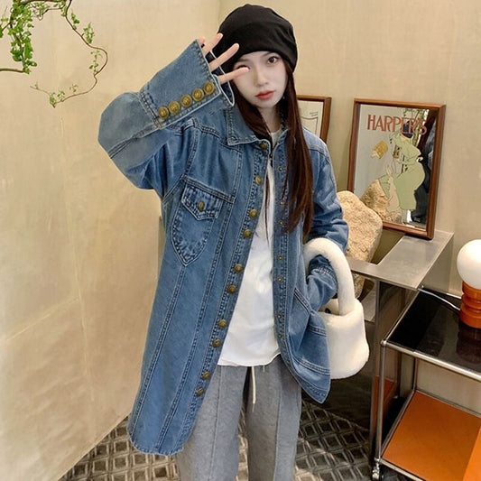 [KEKE Series]★Shirt★ 2color Tops Denim Shirt Stylish Spring Clothes Easy to Match ML Blue Blue