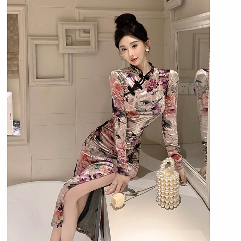 [Hundred Minute Eight Series] ★Floral pattern cheongsam★ Velvet, slimming, sexy, SML, easy to match, improves your temperament