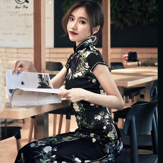 Long cheongsam dress, floral pattern cheongsam dress, chinese style dress, cheongsam style clothes, Chinese clothes, after-party, girls' party, class reunion, stand neck, short sleeve, large size, classy, ​​elegant, elegant