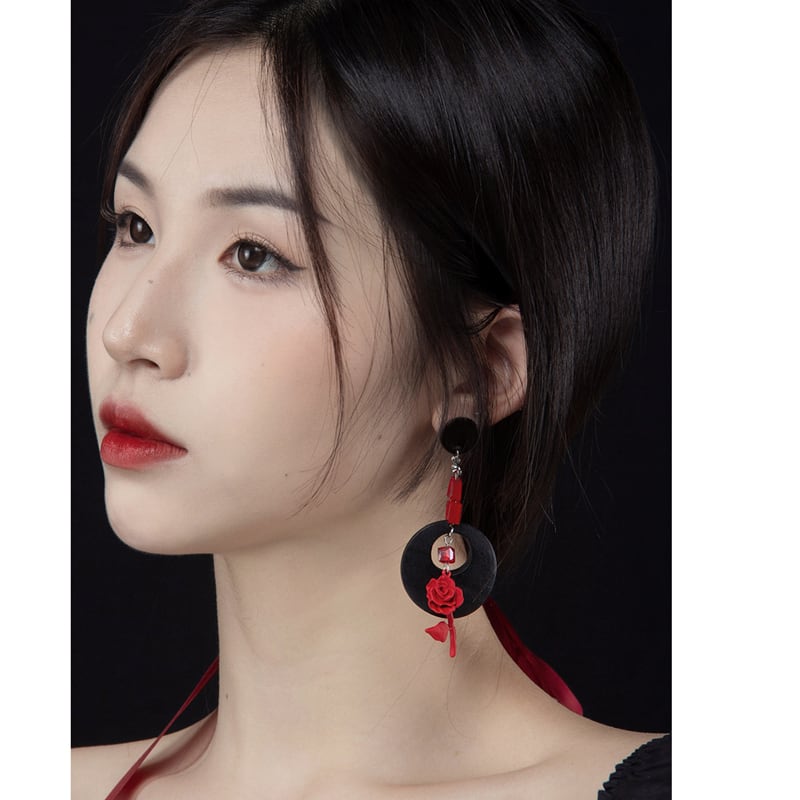 [MORE Bokuji series] ★China style earrings★ Pair earrings rose circle black red floral pattern retro