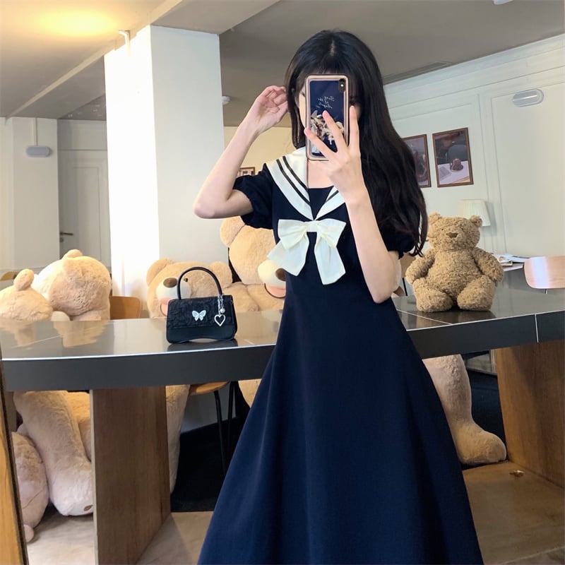 [Dong Xiaojie Series] ★Sailor color dress★ Cute color scheme date dark blue blue blue large size