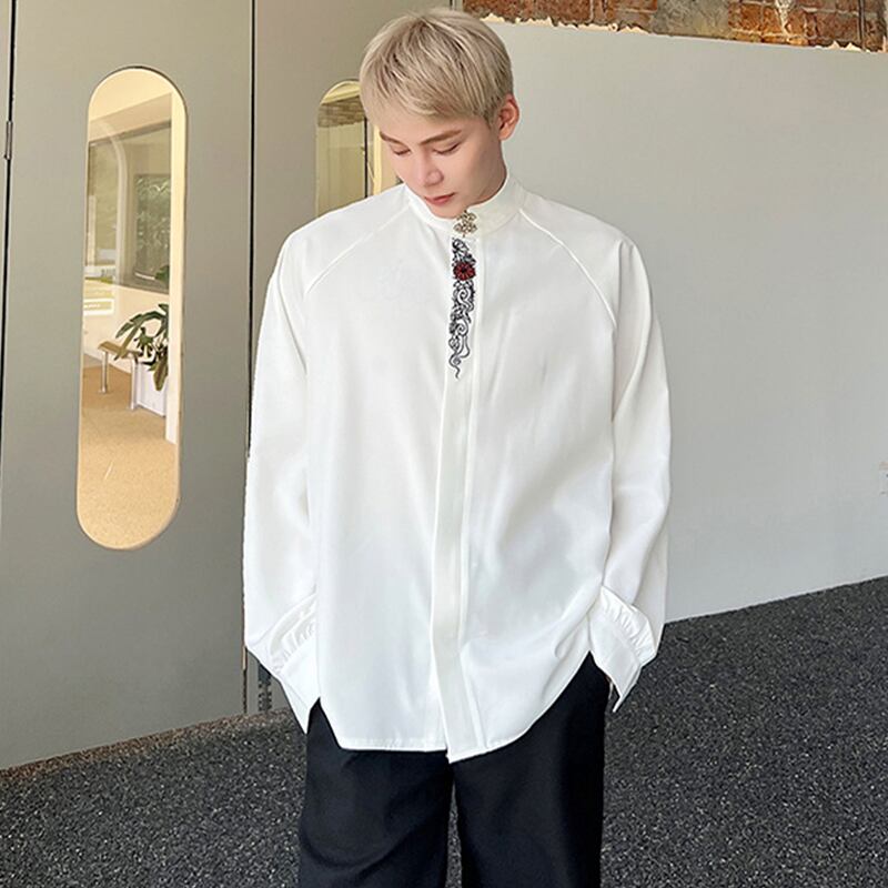 [Illustrated series]★Shirt★ 2color tops embroidery fashion men's long sleeve tops black white with design