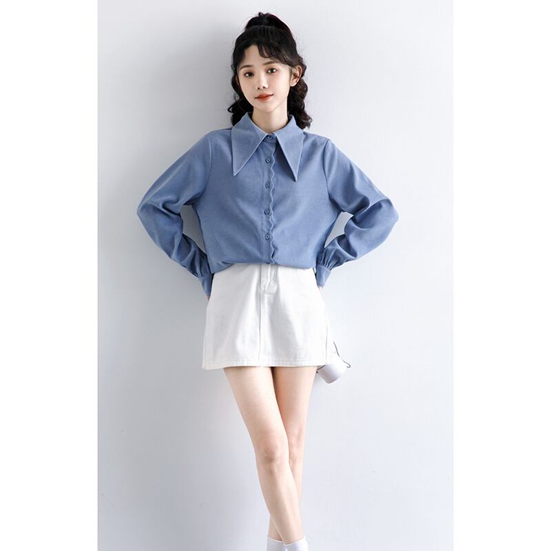 [WEIWU Series]★Shirt★ Tops Ladies Simple Commuting Easy to Match Blue Blue Standard Cute