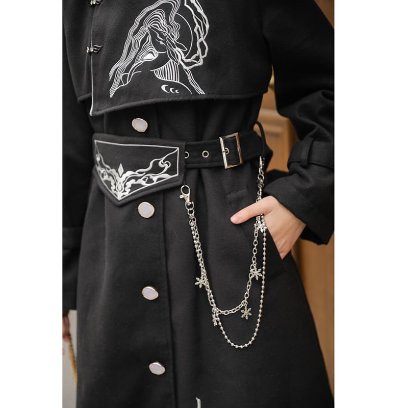 [Hanru First---Beisheng Series] ★China style coat★ Long outerwear with chain embroidery Black Black SML