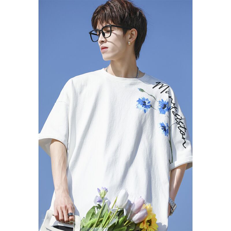 [MANYSTON Series]★T-shirt★ Tops 3color Unisex Men's Short Sleeve Floral Pattern Blue White Black Casual