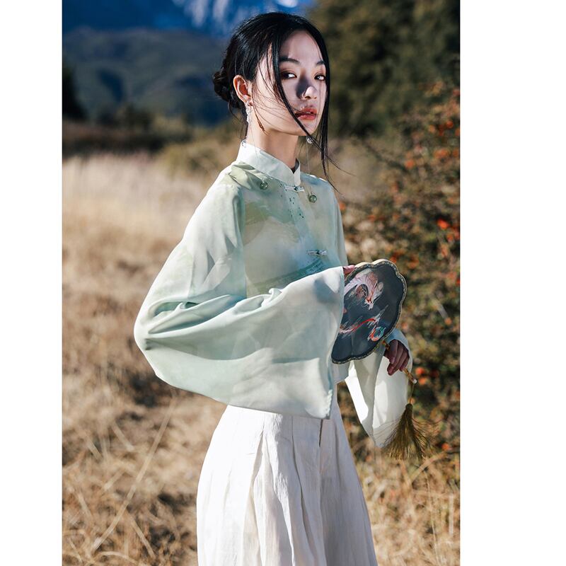 [Daiseiryusu Series] ★China-style shirt★ Tops, long sleeves, sheer, chiffon print, green, green