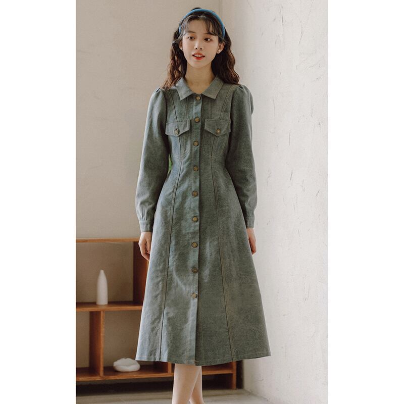 [YUJIAN Series] ★Dress★ Denim dress Retro Easy to match Date Improves temperament Commuting Blue Blue