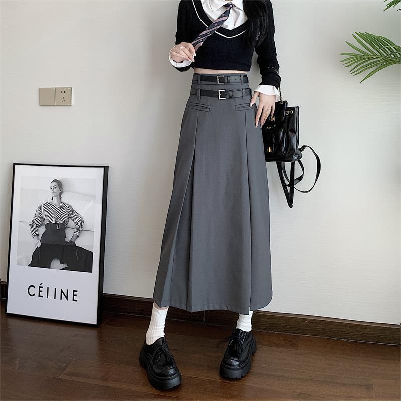 [Oya series] ★Skirt with belt★ 2color Good slimming effect Bottoms Plain Simple Gray Black