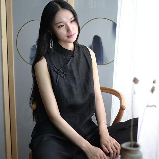 [Series]★Chinese style tops★ Chinese clothes improved Tang suit sleeveless cotton linen black black