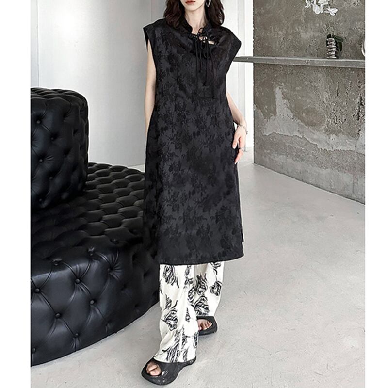 [YIDAO Series] ★China-style dress★ Chinese dress Black Black improved cheongsam dress Slit