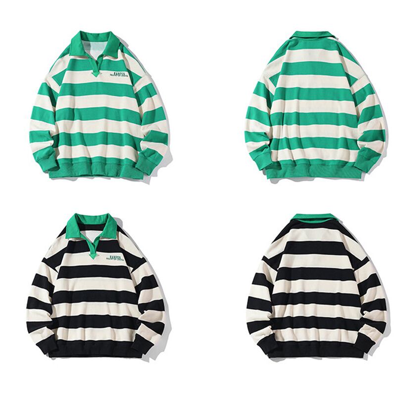 [BIGEMAN Series] ★Tops★ 2color Unisex Men's POLO neck Horizontal stripes Black Green Large size