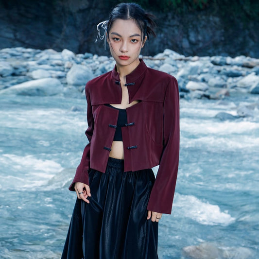 [Big Blue Dragon Series] ★China style outerwear★ PU jacket China button openwork wine red red