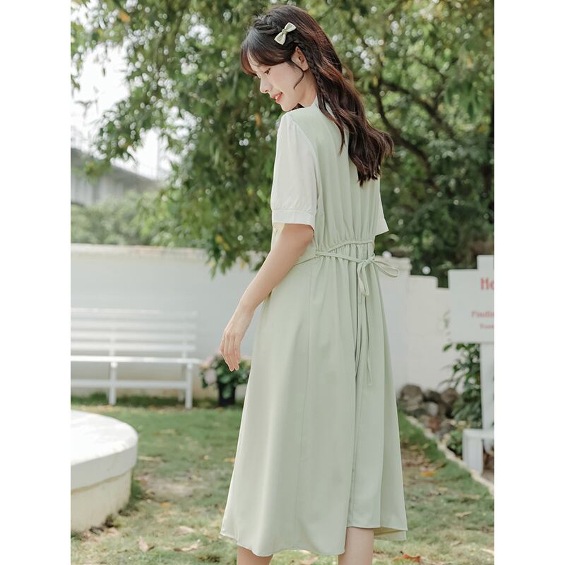 [Ali Series] ★One Piece★ Faux Layered Ribbon Commuting Wedding Date Office Summer Clothes Green Green