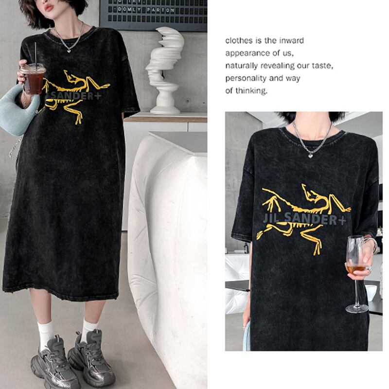 [YIDAO Series] ★T-shirt dress★ Print retro loose casual summer clothes black black