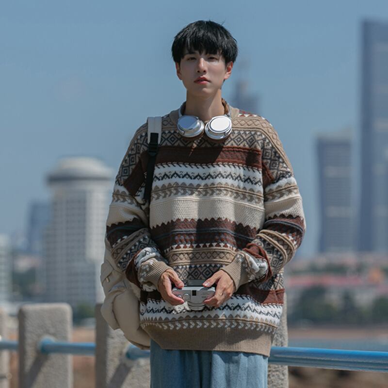 [Pvpvpv Series]★Sweater★ 2color Tops Christmas Unisex Men's Vertical Striped Striped Pattern Gray Brown