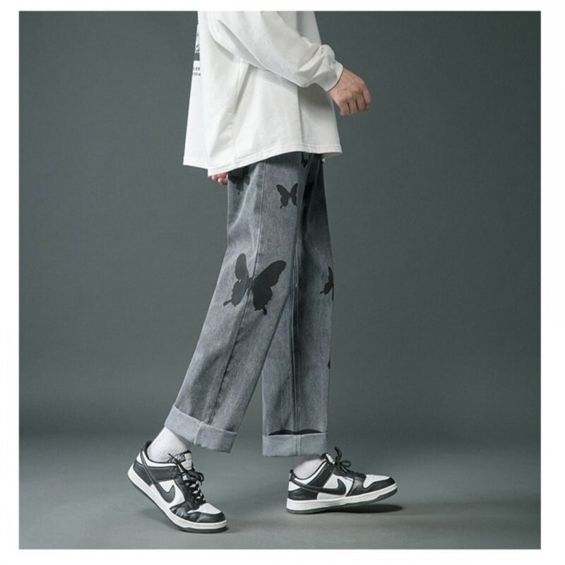 [Snow Qiongsi Series]★Denim Pants★ 2color Bottoms Pants Unisex Men's Butterfly Print Unique Black Blue