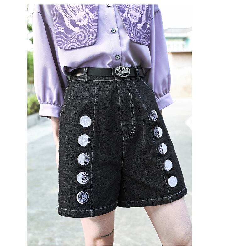 [Kokaisha---Moon phase series]★Denim pants★Shorts bottoms Black, black, retro, easy to match, slimming