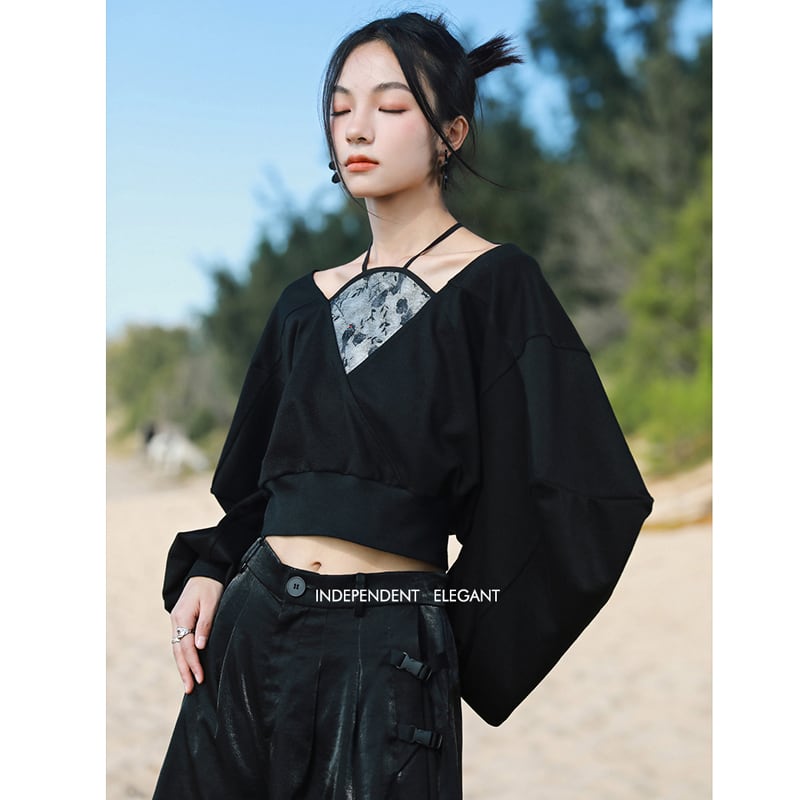 [Big Blue Dragon Series] ★China style tops★ Fake layered, design, slimming, enhances femininity, black, black