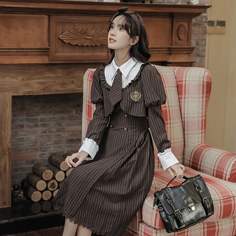 [DACHENGZI Series] ★Dress with tie★ Faux layered dress Vertical striped striped pattern Cute