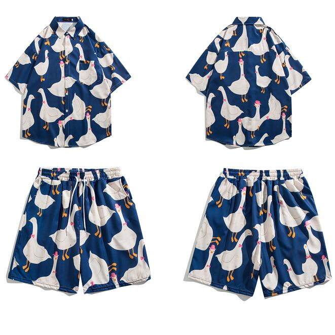 [BOYUE Series]★Setup★ Shirt + Shorts 3color Simple Unisex Men's Large Size Cool Animal Pattern Duck Aloha