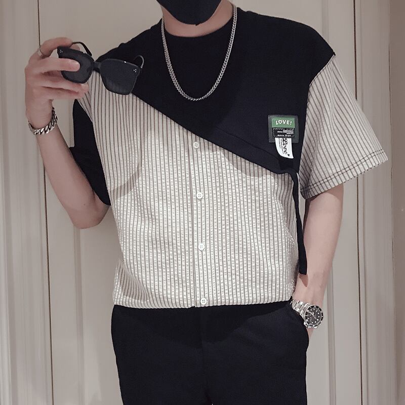 [GKML Series]★Shirt★ Tops Unisex Men's Short Sleeve Shirt Summer Clothes Vertical Stripes Striped Pattern Faux Layered