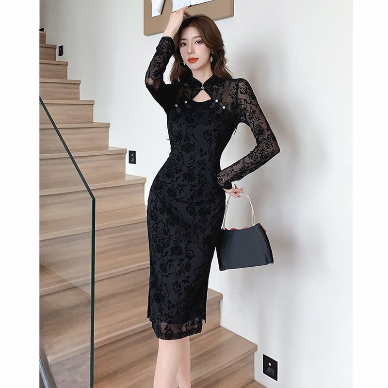 [AL Fashion Series] ★Cheongsam dress★ Chinese style dress, slimming, sexy, improving temperament, black, black