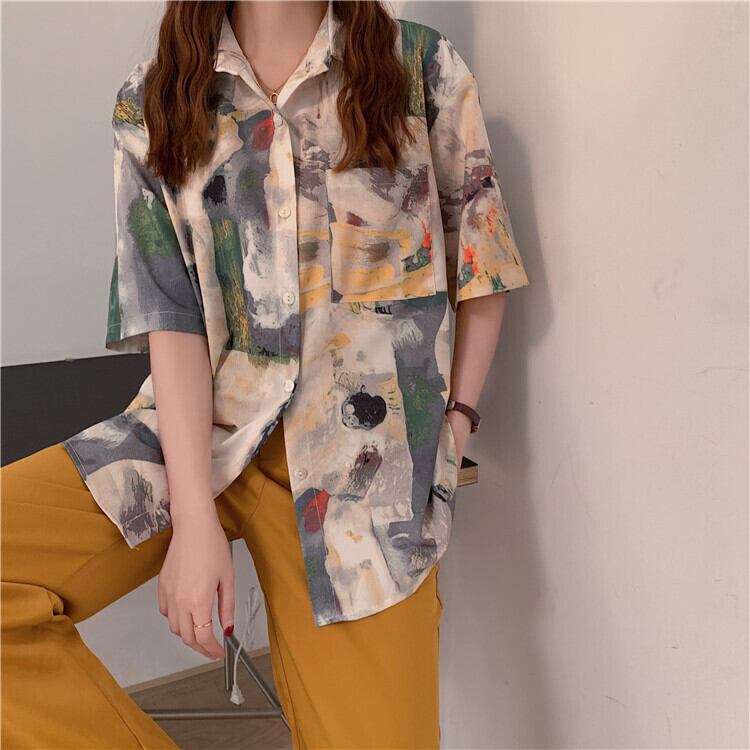 [YIHAO Series]★Shirt★ Tops Oil Painting Style Men's Short Sleeve Shirt Summer Clothing Women's Fashion Cool