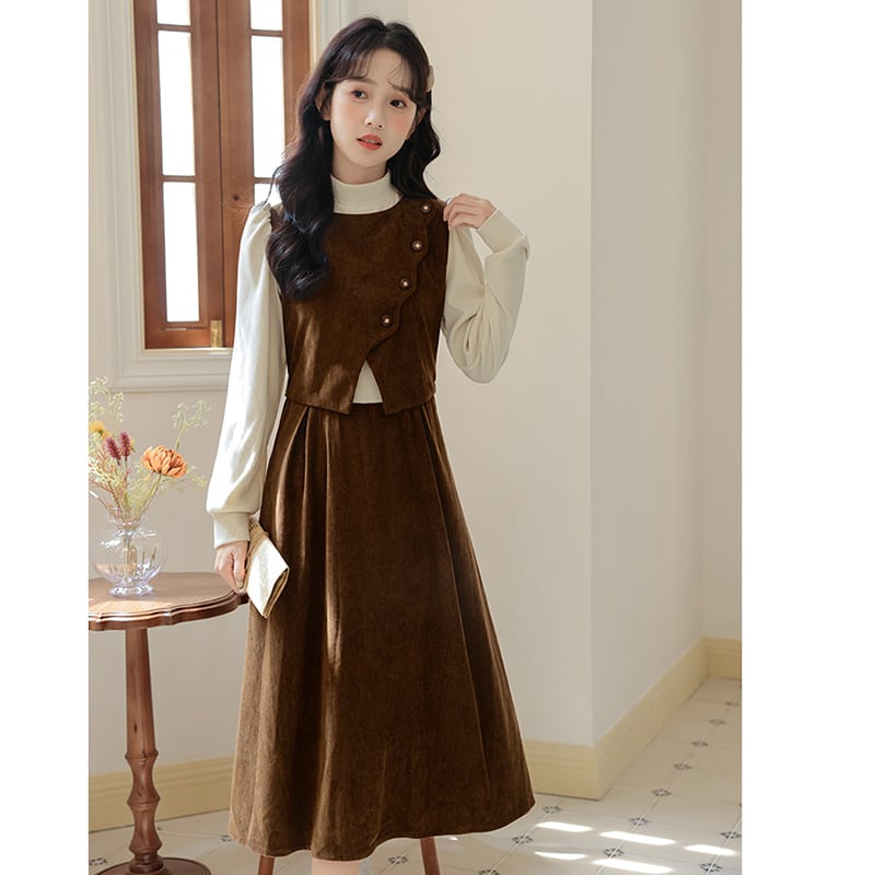 [CHIC Series] ★One Piece★ Faux Layered Corduroy Coffee Color Date Improves Temperament