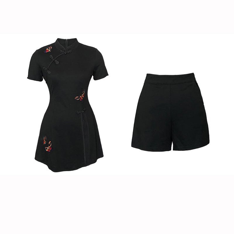 [Taibi Shiba Series]★China style setup★Cheongsam dress + shorts 2-piece set Butterfly Black Black