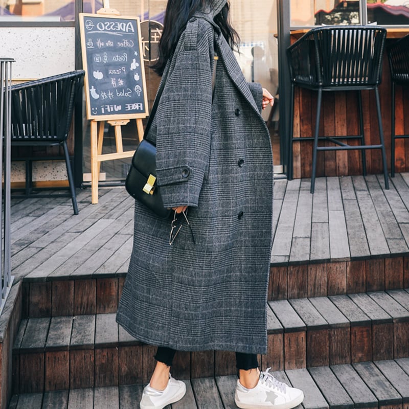 [Kakachen Series] Trench coat outerwear dark gray plaid pattern loose cute