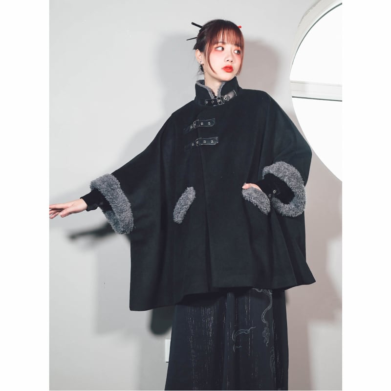 [Ancient monster house---Shanhai Jing Kunlun series] ★China style coat★ Outer coat Lasha loose thick warm black black cloak coat